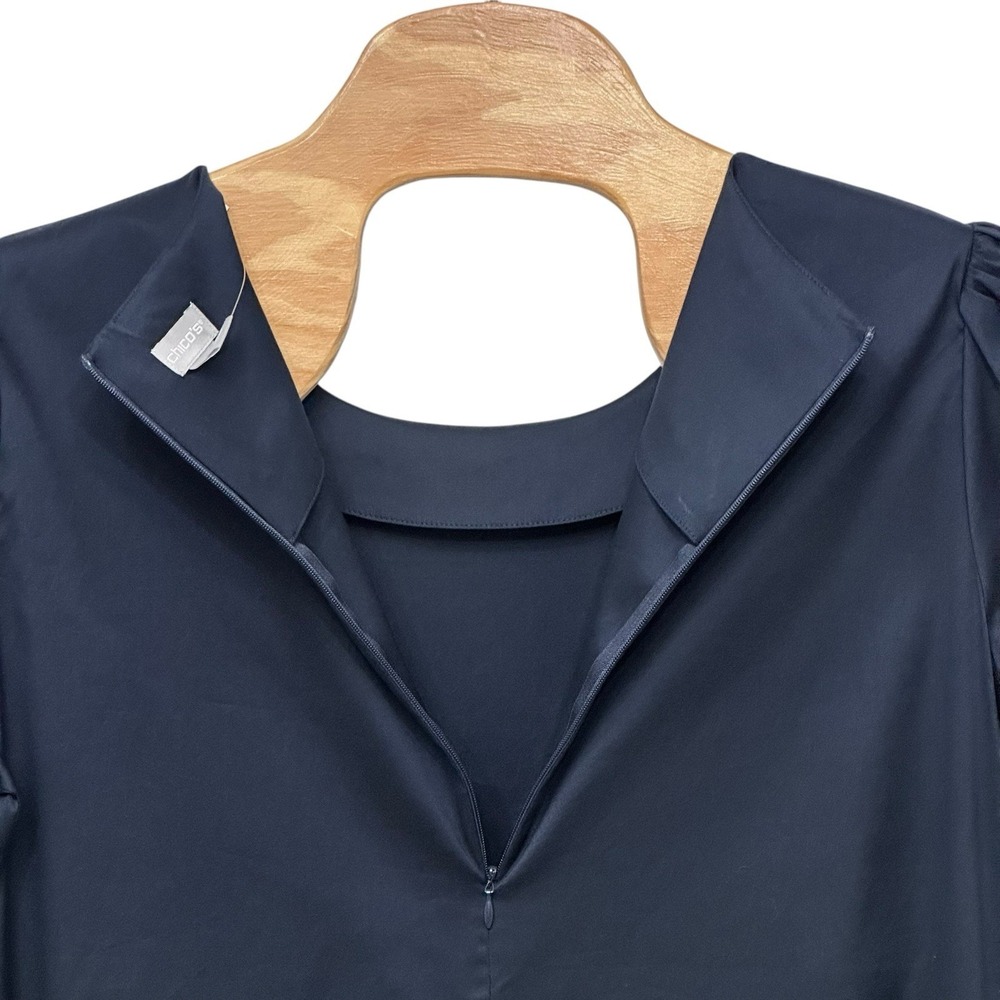 Chico's size 3 (16-18) Women's Navy Blue Smocked Puffed Sleeve Midi Dress - Picture 6 of 10